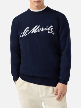Heron Light Pullover aus 100 % blauem Kaschmir mit St. Moritz Intarsien | ST. MORITZ TOP OF THE WORLD