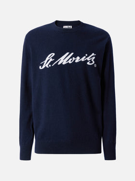 Heron Light Pullover aus 100 % blauem Kaschmir mit St. Moritz Intarsien | ST. MORITZ TOP OF THE WORLD