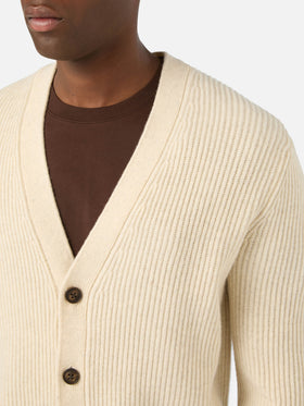 Cardigan Herrison beige in lana a costine
