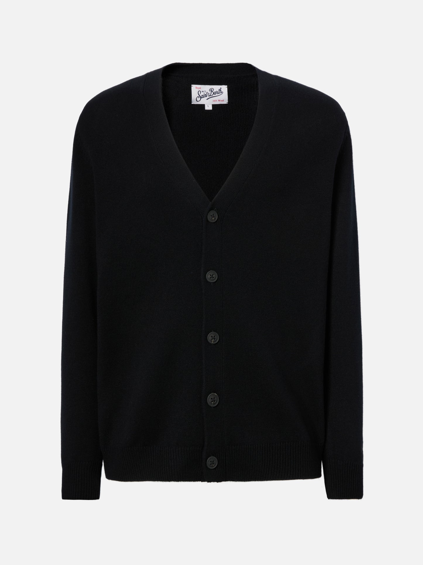Herrison pure-wool cardigan in black with English rib knit