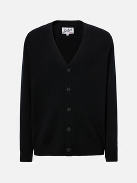 Herrison pure-wool cardigan in black with English rib knit