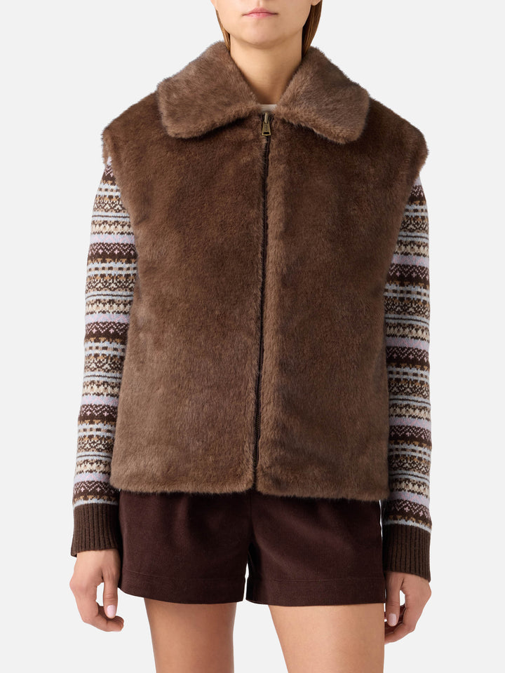 Dark brown Hesketh reversible waxed vest with faux fur