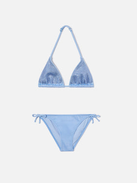 Bikini Holly azzurro in tessuto glossy finish e dettagli strass