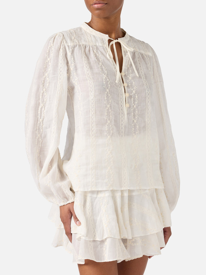 Beige ramie Harper blouse with embroidered motif