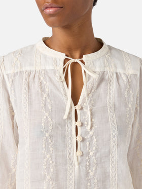 Beige ramie Harper blouse with embroidered motif