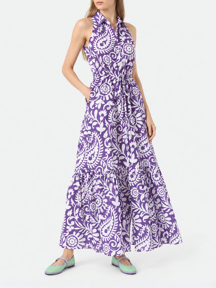 Abito lungo Ida in cotone con fantasia paisley viola
