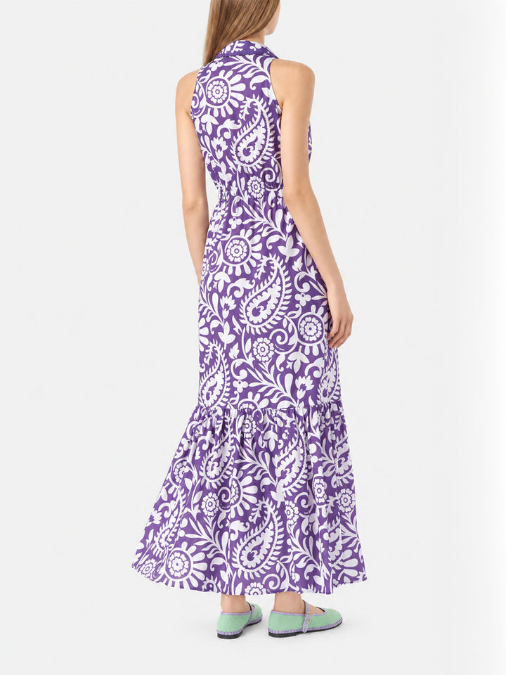 Purple Ida cotton long dress with paisley print