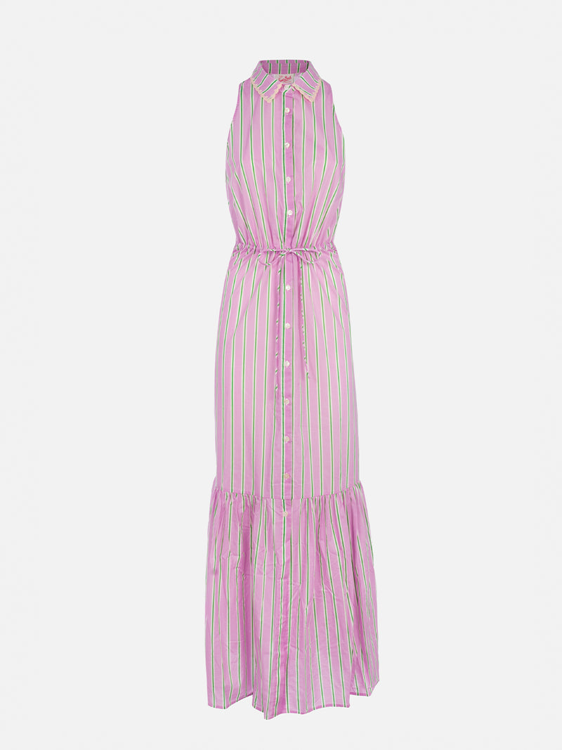 Woman halterneck dress with striped print