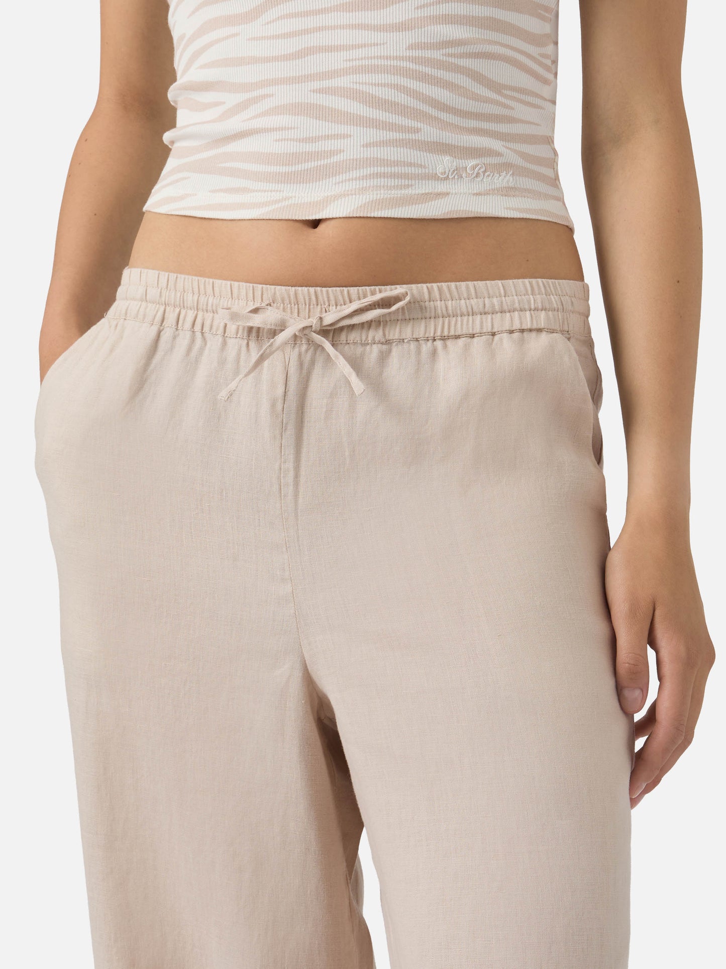 Beige Irma linen trousers with frayed hem
