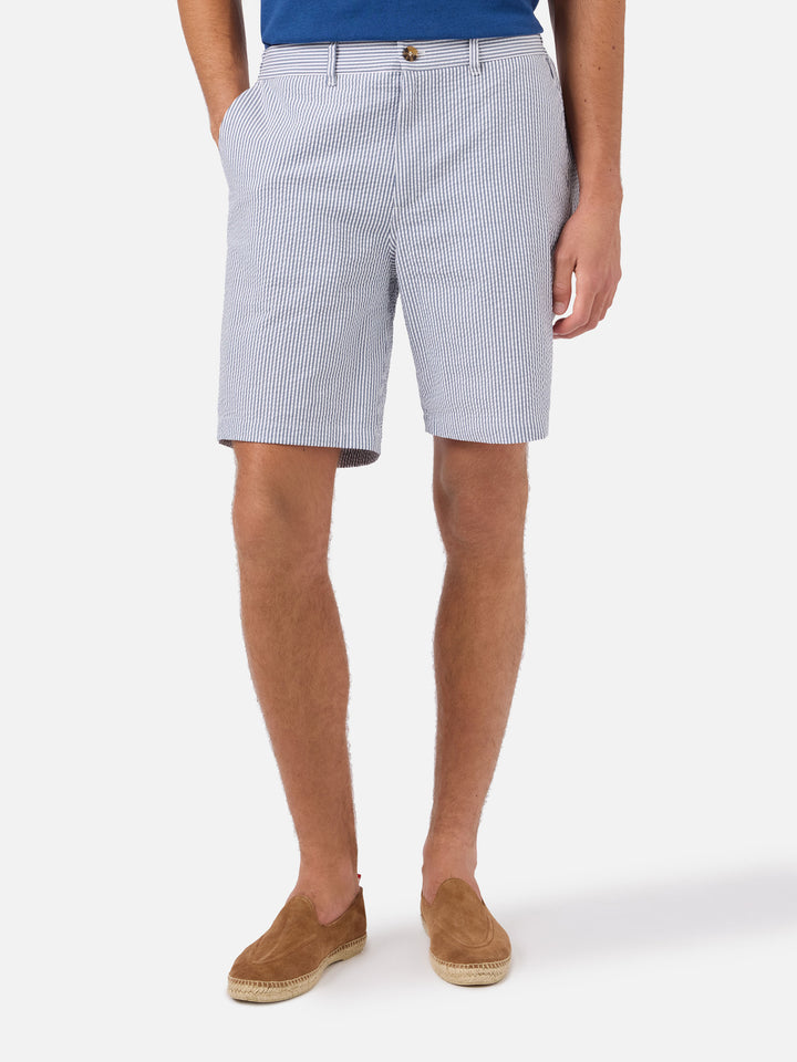 Navy blue Ischia bermuda shorts in striped seersucker