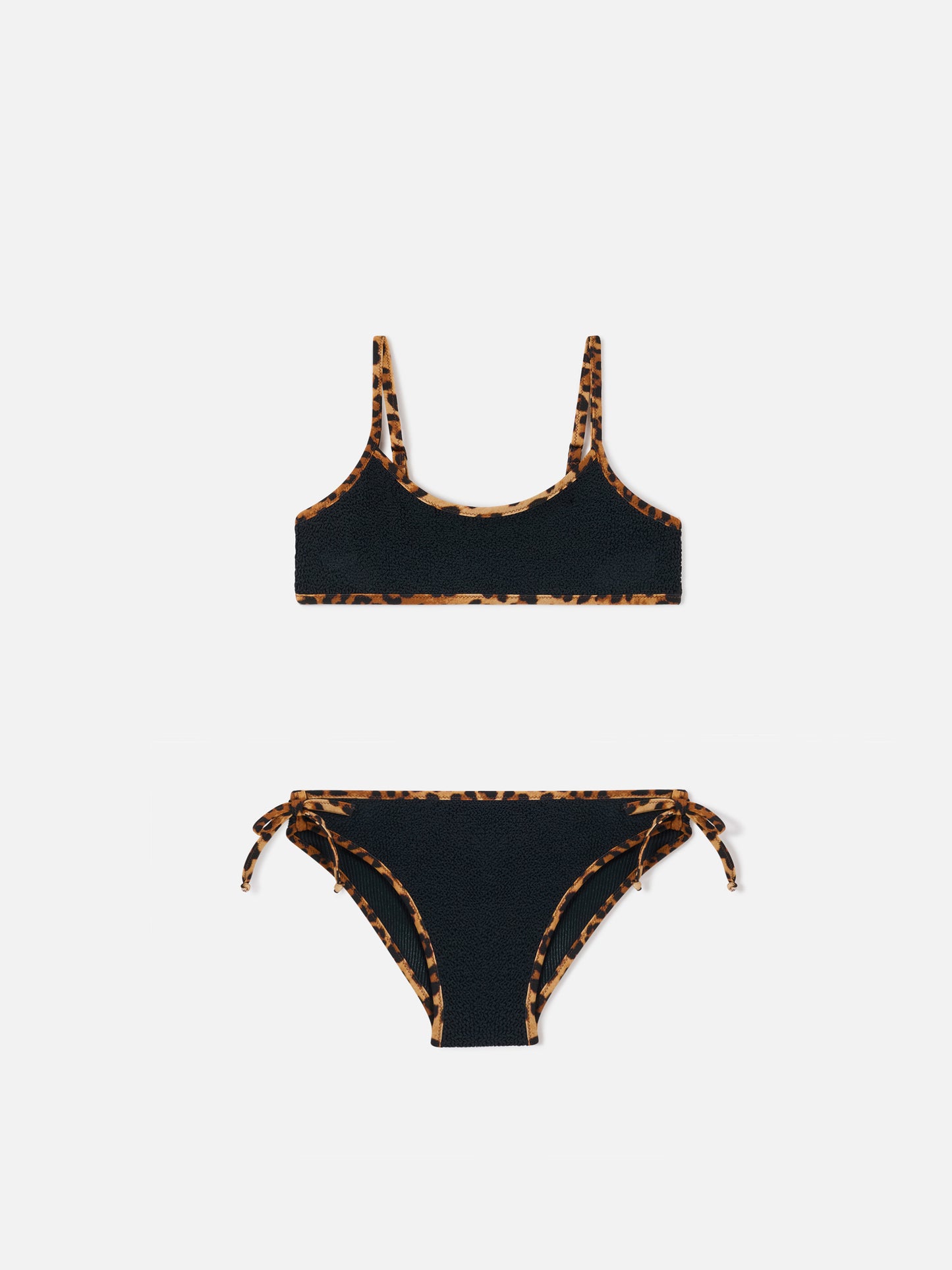 Bikini negro de tejido crinkle Jaiden String con ribetes de leopardo 