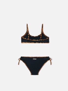 Bikini negro de tejido crinkle Jaiden String con ribetes de leopardo 