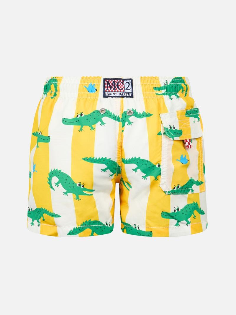 Boy mid-length Jean swim-shorts with crocodile print