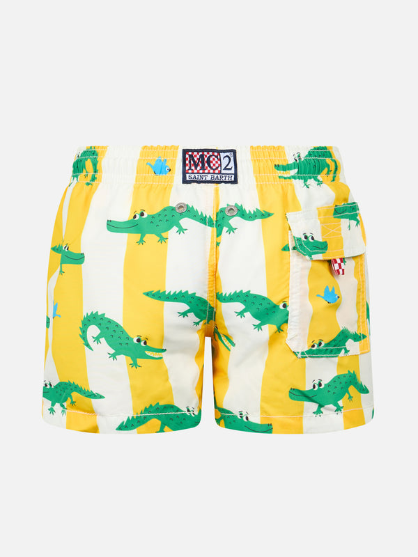 Boy mid-length Jean swim-shorts with crocodile print