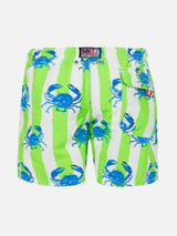 Boy swim shorts with white and green stripes and crabs print