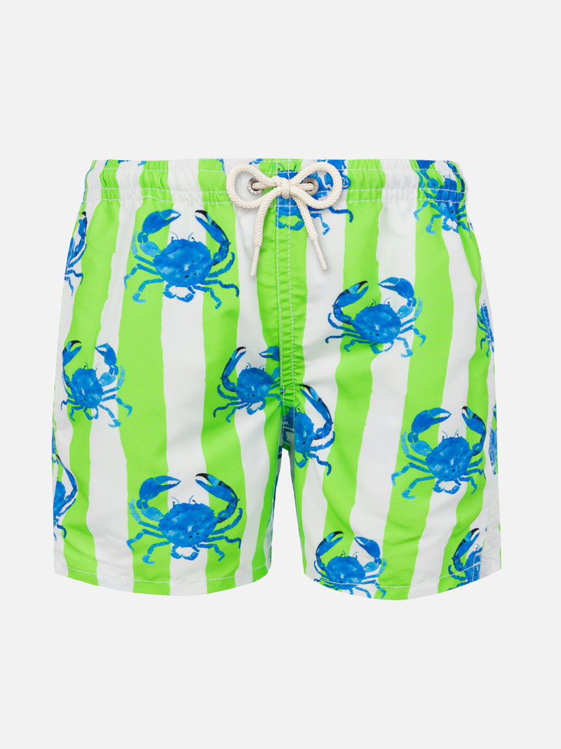 Boy swim shorts with white and green stripes and crabs print