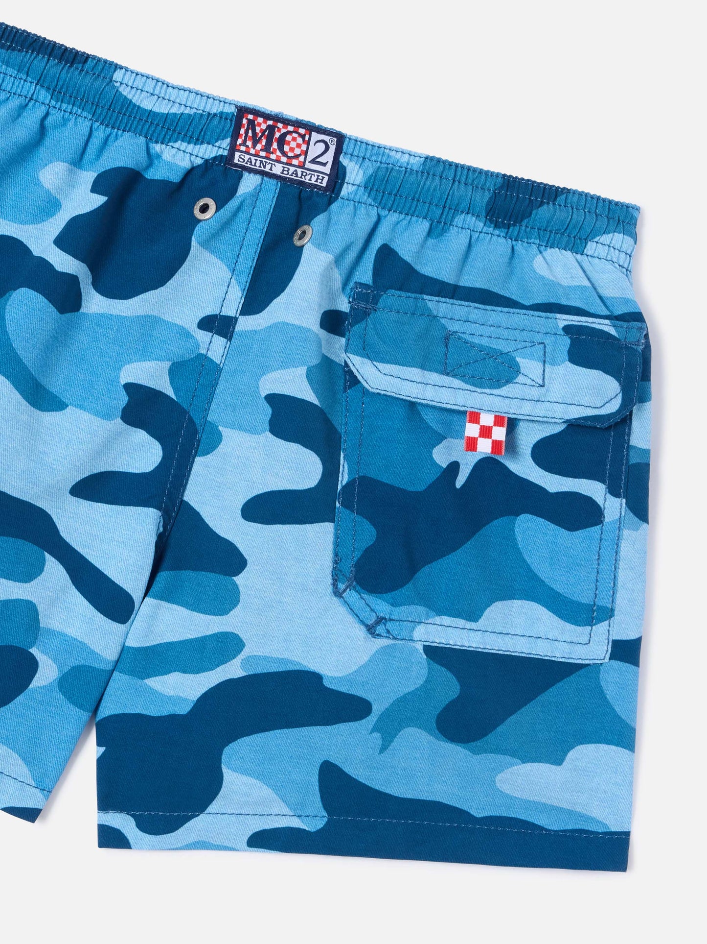 Boy mid-length Jean swim-shorts with camouflage print