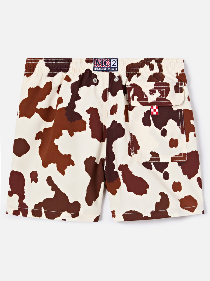 Jean swim shorts with cow animal print