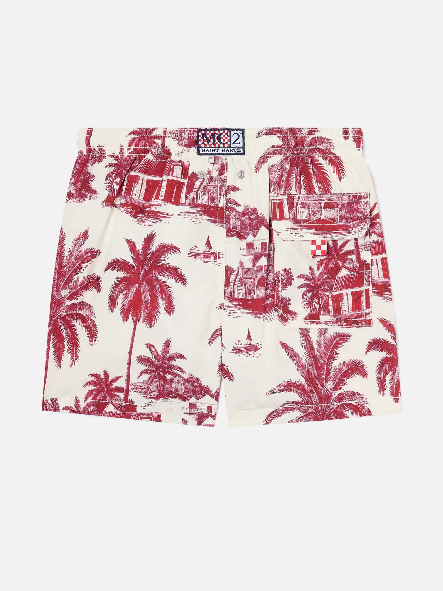 Jean swim shorts with Toile de Jouy red print
