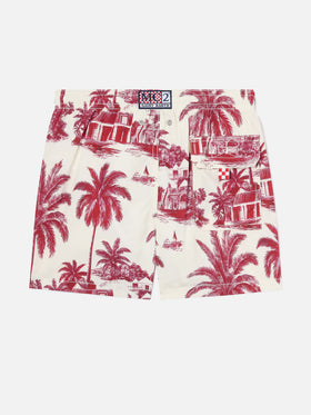 Jean swim shorts with Toile de Jouy red print