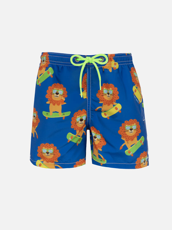 Mittellange Jeans-Badeshorts für Jungen mit Skating-Leo-Print