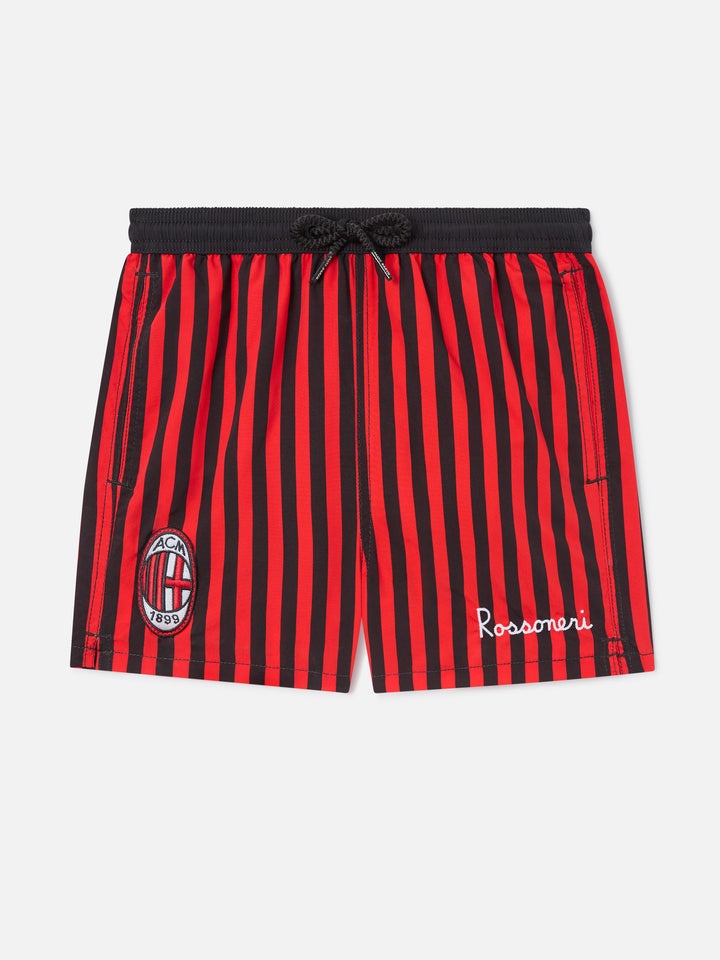 Short de bain Jean rouge et noir à imprimé rayé avec écusson Milan | Special edition 