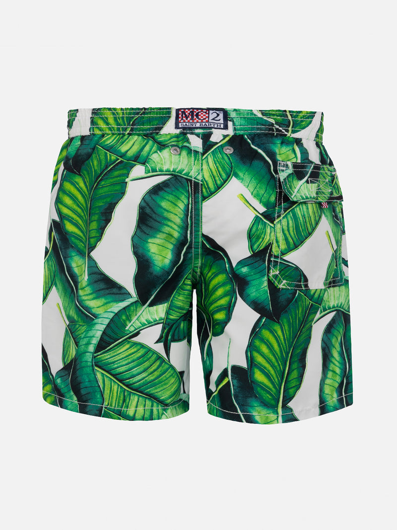 Boy swim shorts with banana leaves print