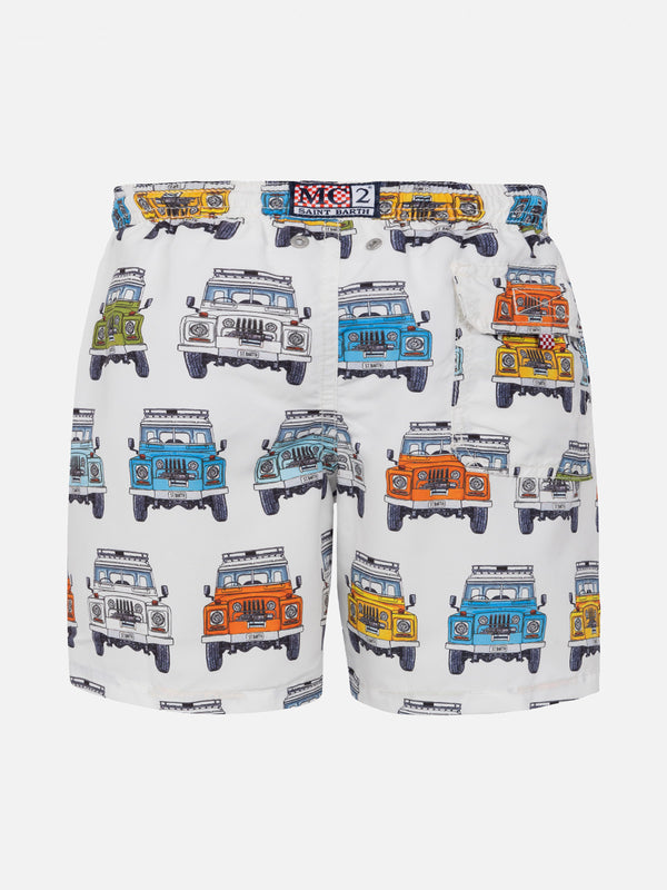 Boy classic swim shorts with safari car print