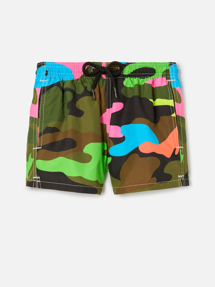 Boy swim shorts with multicolor fluo camouflage print