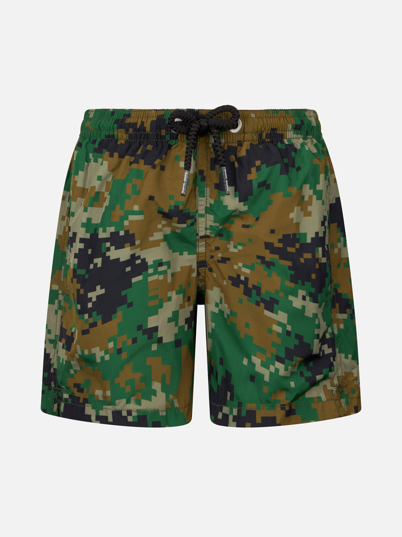 Boy lightweight fabric swim-shorts Jean Lighting with pixel camouflage print