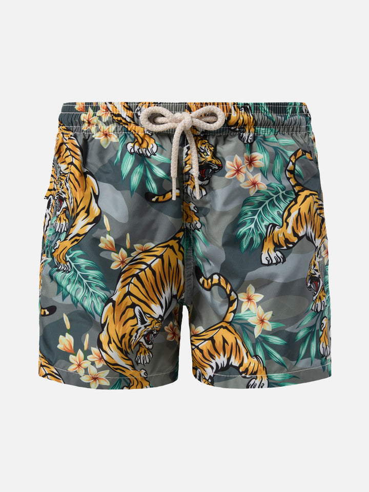 Jean Lighting lightweight fabric swim shorts with tropical tiger print