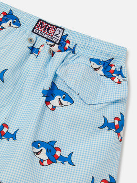 Jean Lighting swim shorts with Shark print on Gingham background