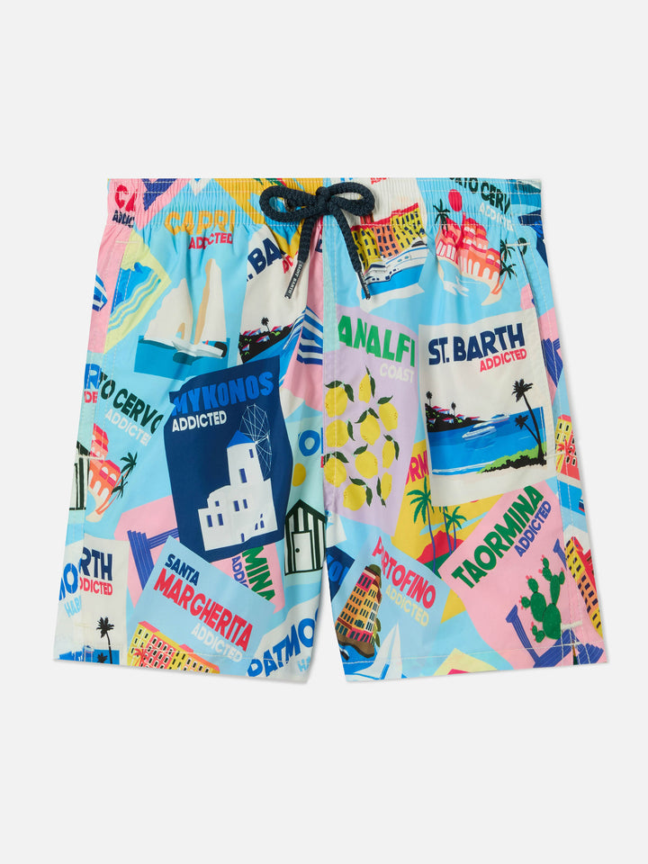 Jean Lighting swim shorts with Postcards all-over print