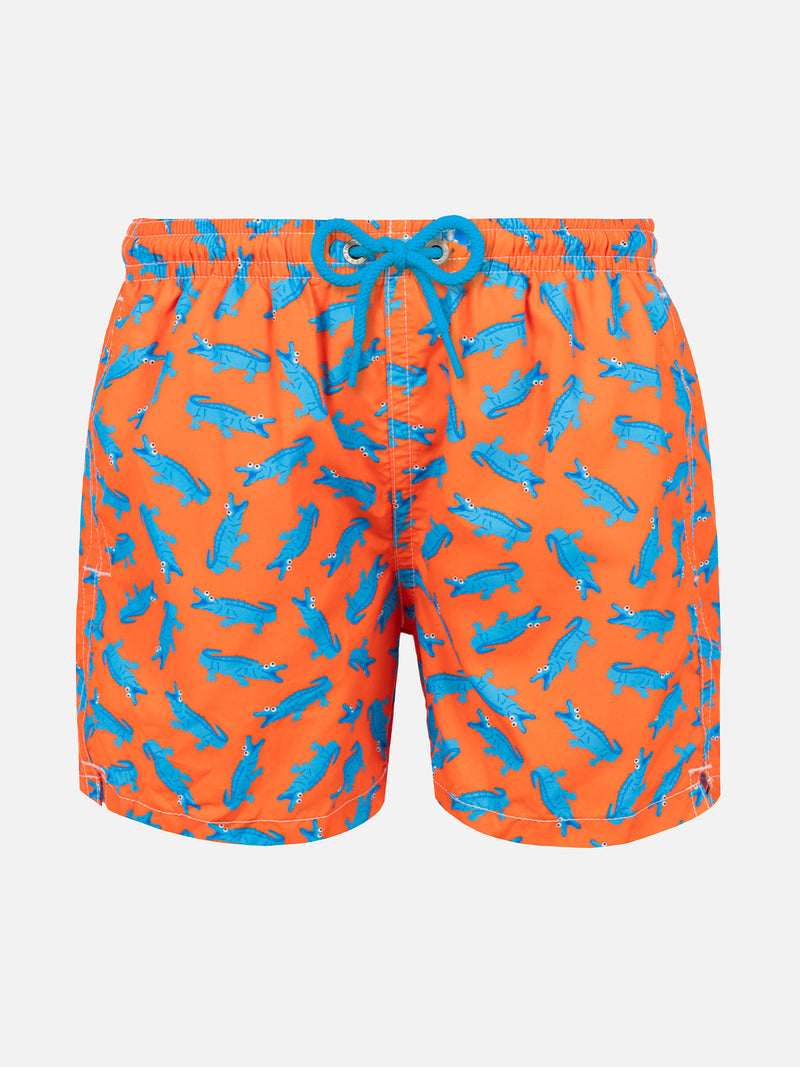 Orangefarbene Badeshorts für Jungen mit Mikro-Krokodil-Print