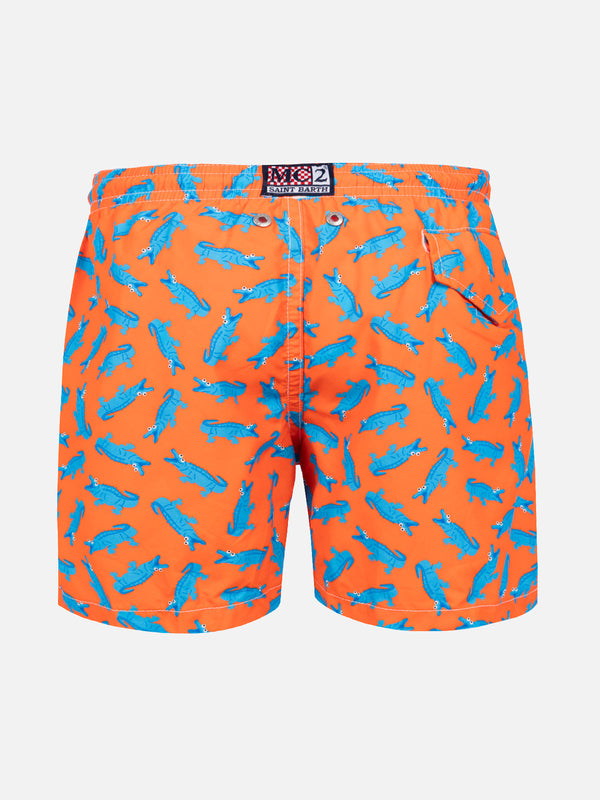 Orangefarbene Badeshorts für Jungen mit Mikro-Krokodil-Print