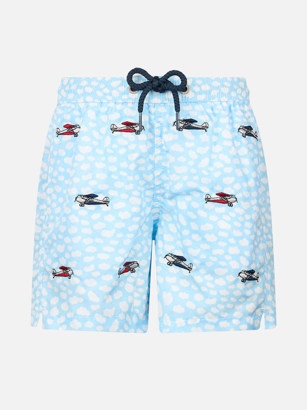 Boy lightweight fabric swim-shorts Jean Lighting with airplanes embroidery