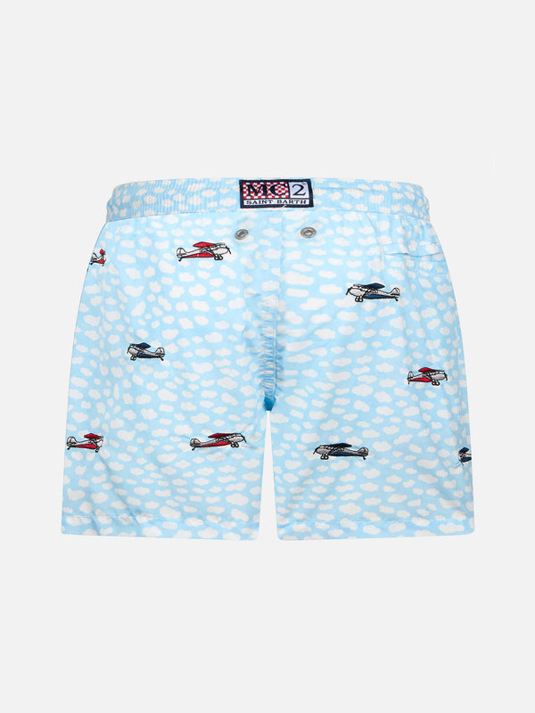 Boy lightweight fabric swim-shorts Jean Lighting with airplanes embroidery