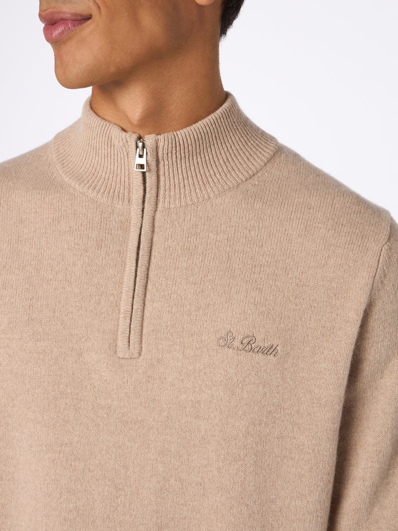 Man quarter-zip lambswool beige sweater Jermyn