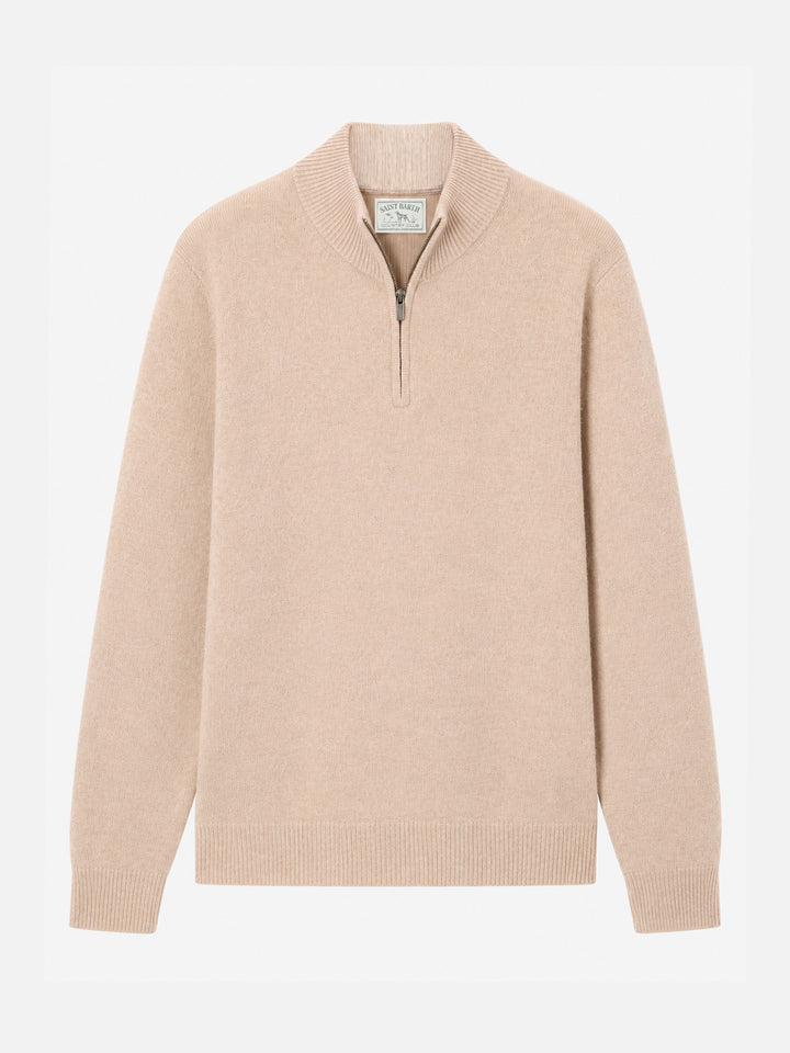 Pull Jermyn à demi-zip en 100 % laine d'agneau beige 