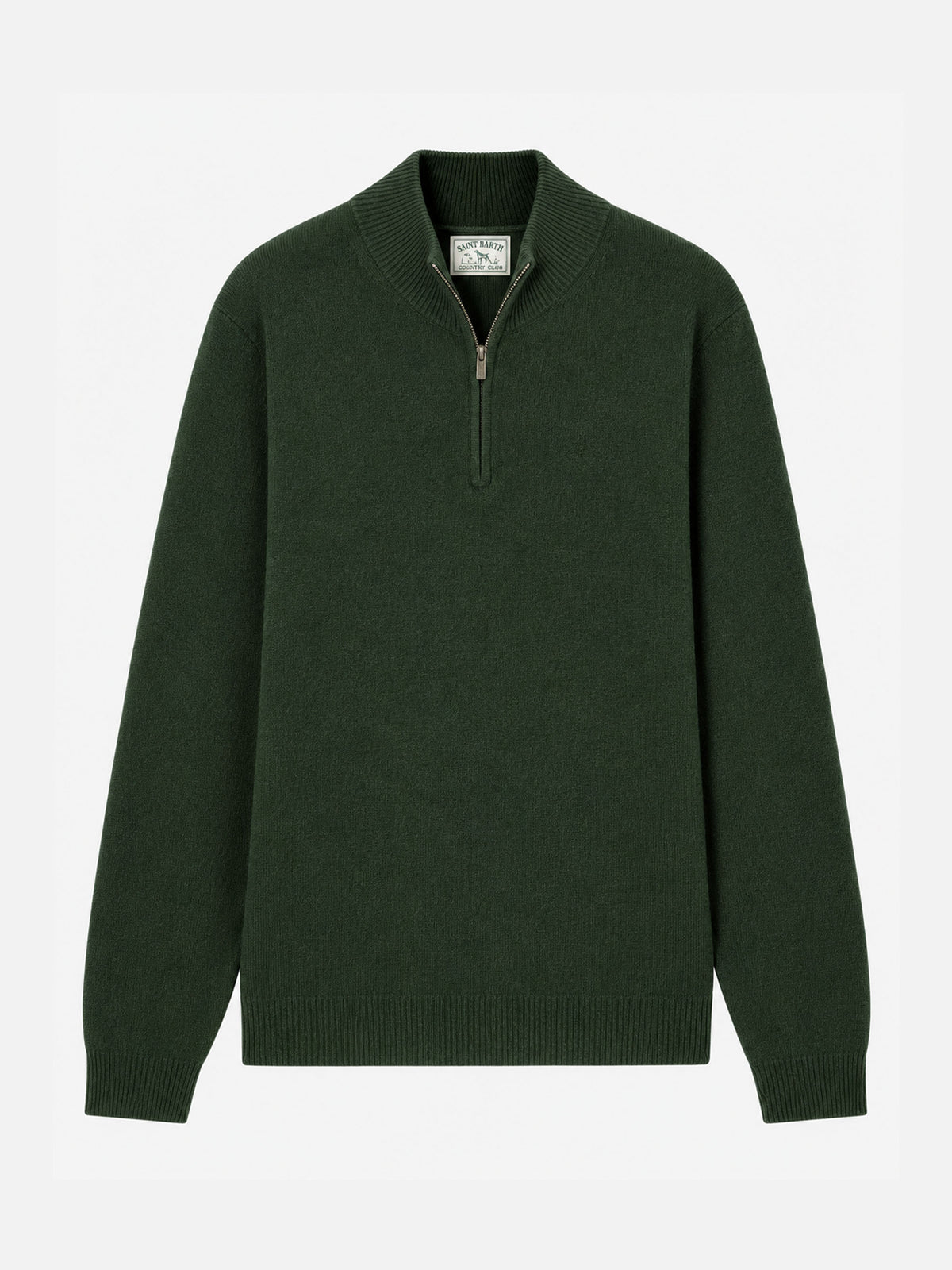 Jersey Jermyn con media cremallera en 100% lana de cordero verde musgo 