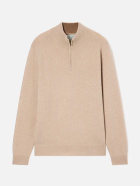 Beiger Jermyn Half-Zip-Strickpullover aus Lambswool mit kontrastierendem Kragen 