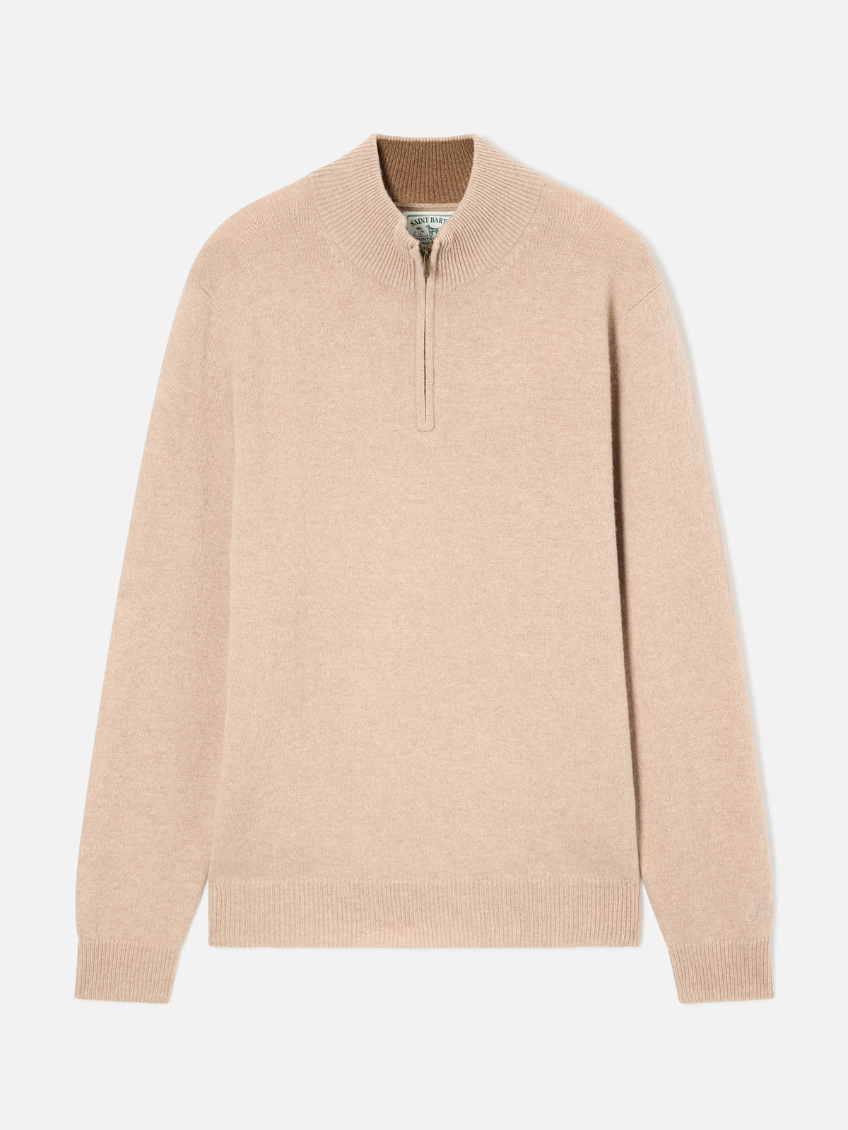 Beiger Jermyn Half-Zip-Strickpullover aus Lambswool mit kontrastierendem Kragen 