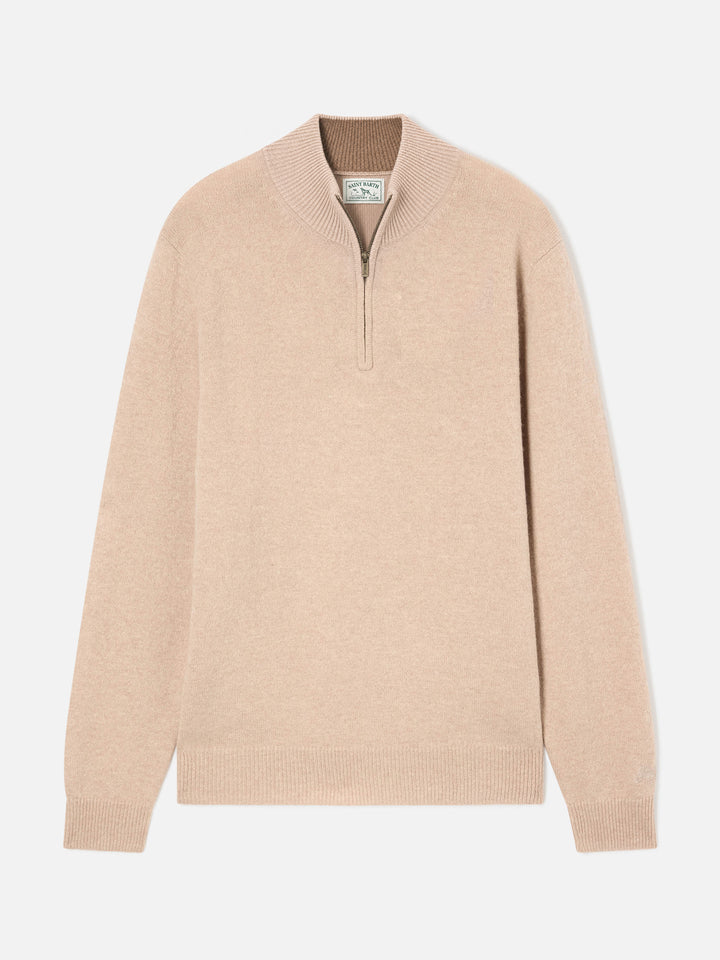 Jersey de media cremallera en lana de cordero Jermyn beige con cuello en contraste 