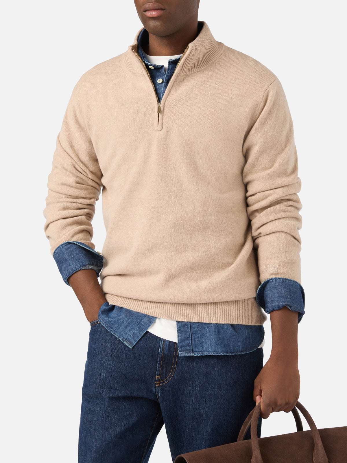 Beiger Jermyn Half-Zip-Strickpullover aus Lambswool mit kontrastierendem Kragen 