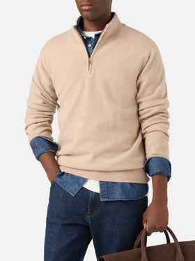 Beiger Jermyn Half-Zip-Strickpullover aus Lambswool mit kontrastierendem Kragen 