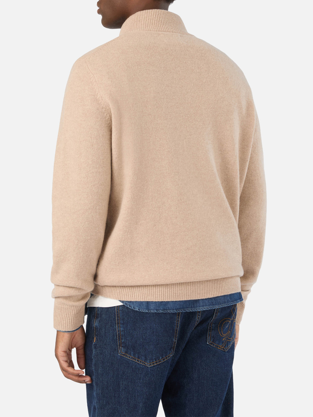 Beiger Jermyn Half-Zip-Strickpullover aus Lambswool mit kontrastierendem Kragen 
