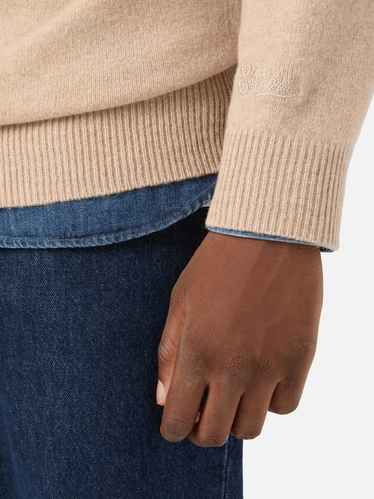 Beiger Jermyn Half-Zip-Strickpullover aus Lambswool mit kontrastierendem Kragen 
