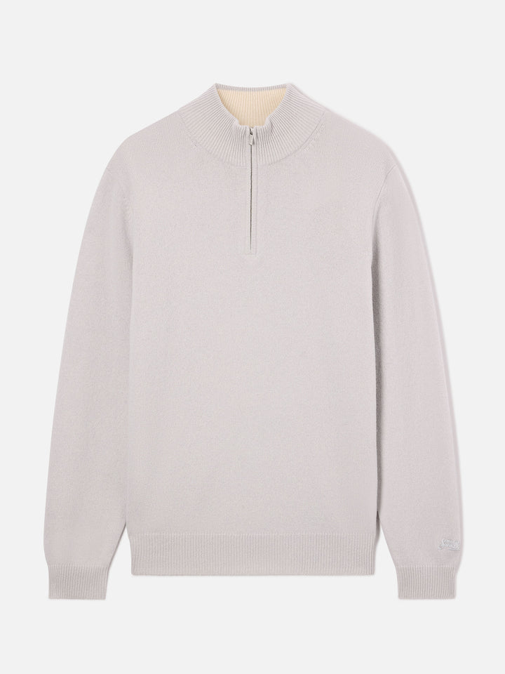 Grauer Jermyn Half-Zip-Strickpullover aus Lammwolle mit kontrastierendem Kragen 