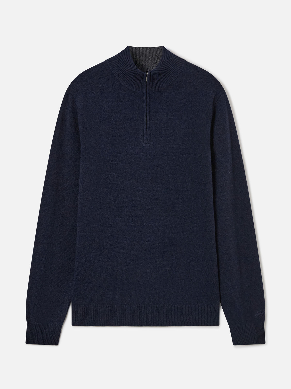 Maglia Jermyn blu notte in lana d'agnello con mezza zip e collo a contrasto