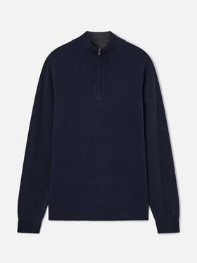 Maglia Jermyn blu notte in lana d'agnello con mezza zip e collo a contrasto